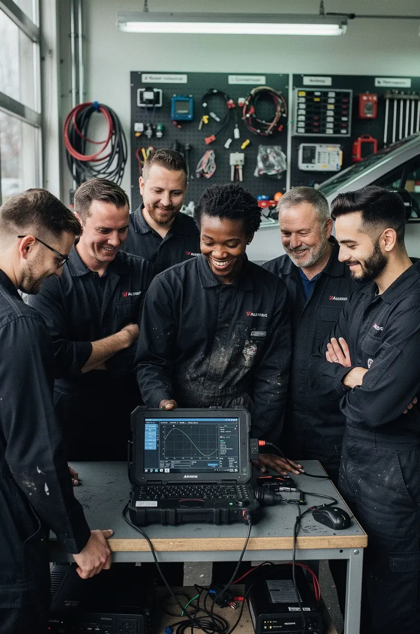 Kundengespräch in der Kfz-Elektrikwerkstatt über Reparaturmöglichkeiten und Diagnoseergebnisse.