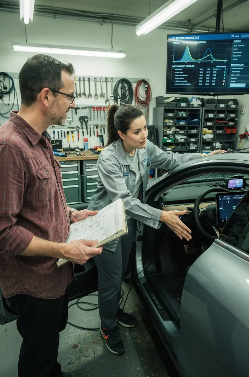 Elektronische Steuergeräte eines Fahrzeugs werden von einem Experten in der Autowerkstatt analysiert.